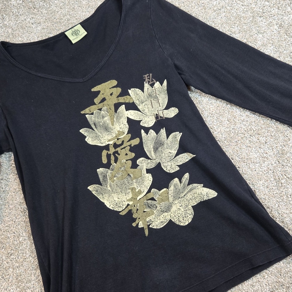 Sandra Taylor Collection Y2K Women's L Black 3/4 Sleeved Gold Floral Vintage